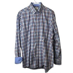 Southern Pines Men’s Blue & Orange‎ Plaid Button-Down Shirt Size Medium